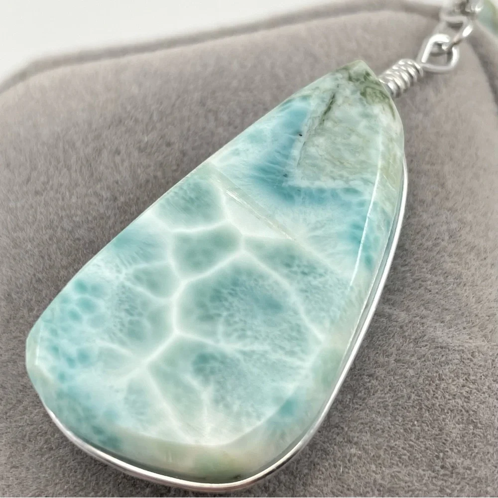 Unmarked Sterling Silver Blue Larimar Stone Pendant Necklace Earring Set